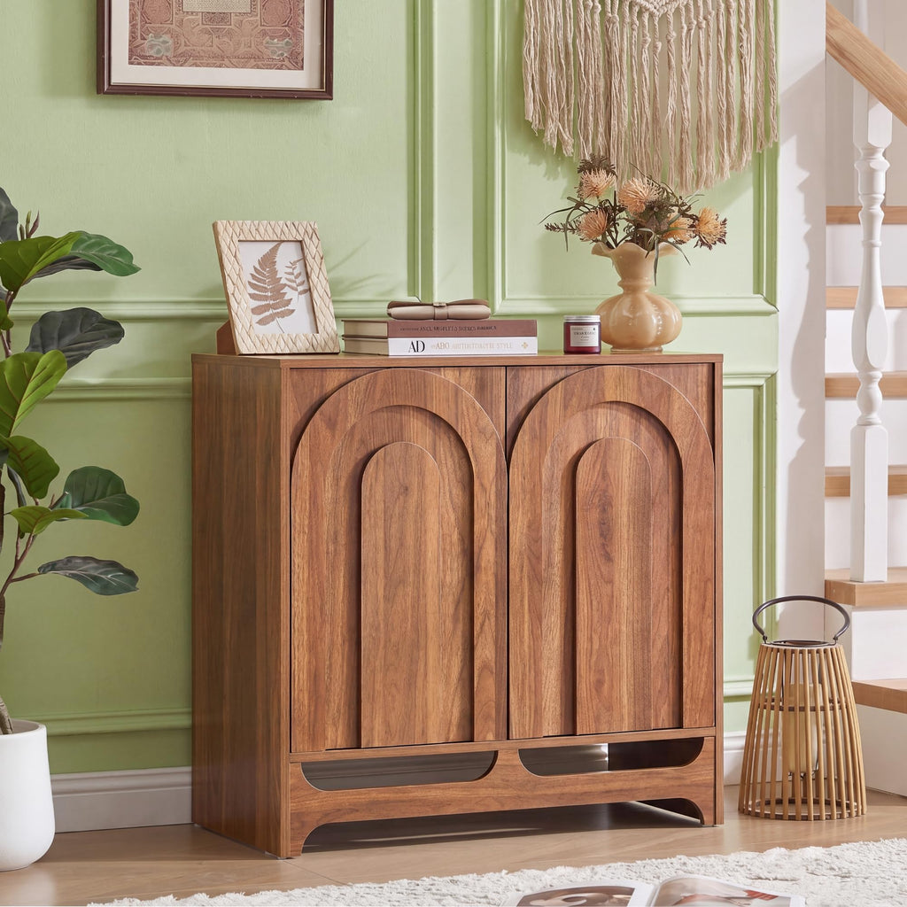 94.5" Walnut Fluted Arched Sideboard Buffet Cabinet with Storage