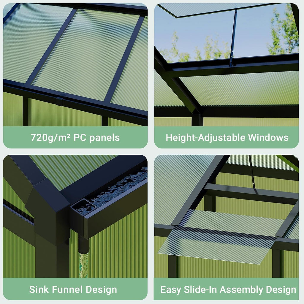 6x10 FT Greenhouse, Outdoor Sliding Door, Polycarbonate Greenhouse with Aluminum Frame, Lockable Door and Ajustable