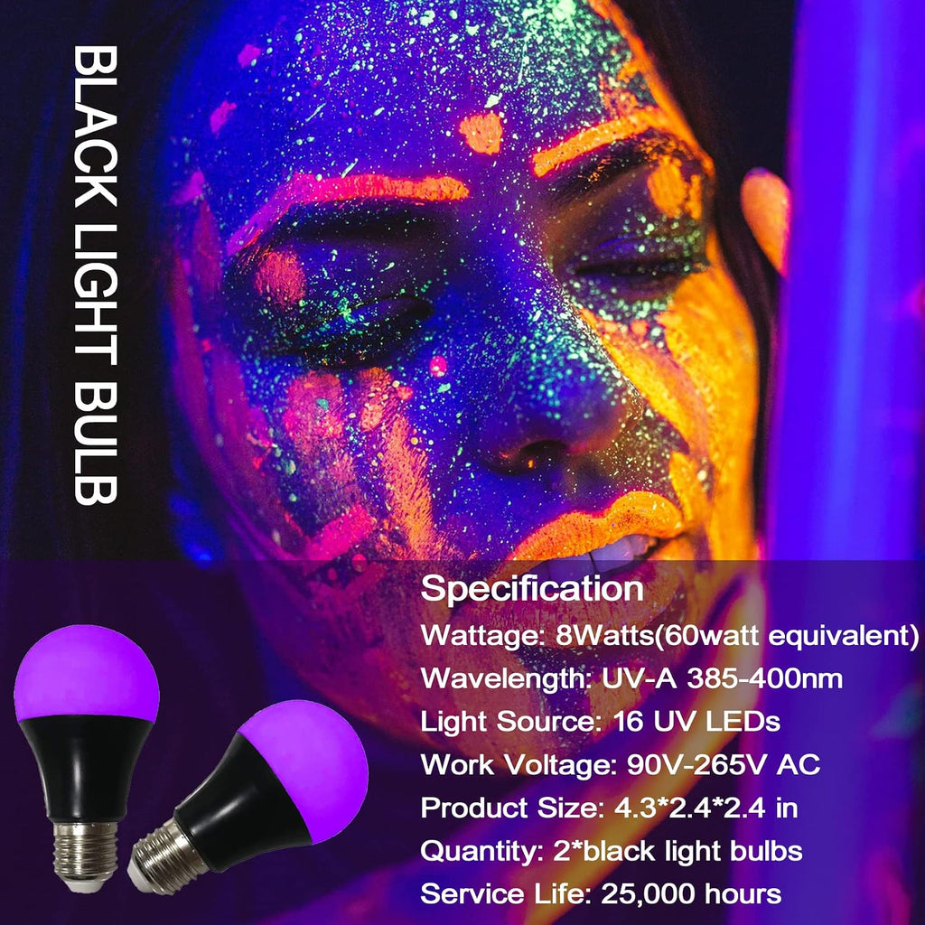 UV LED Black Light Bulbs 2 Pack, A19 E26 8W Blacklight Bulb for Glow in the Dark, UVA Level 385-400nm, Blacklight