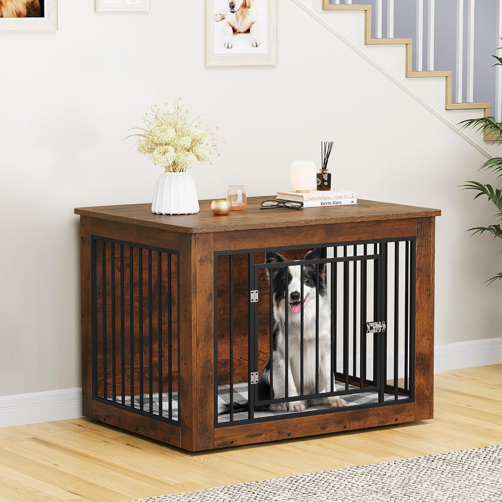 Dog Crate Furniture 2-in-1 Iron-Wood Fusion up to 60 lb