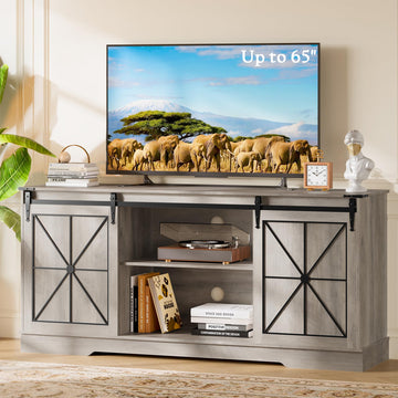 Farmhouse TV Stand for 65 Inch TV with Sliding Barn Doors Wood Gray