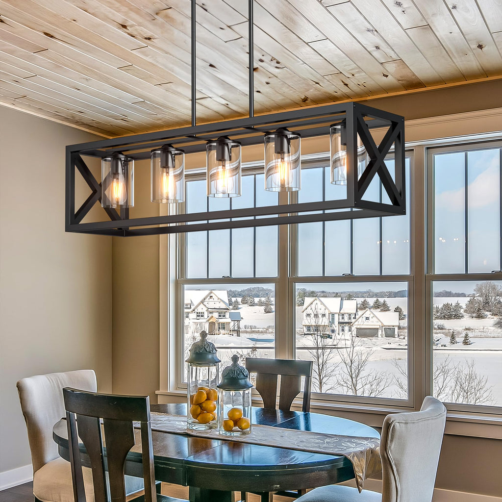 Farmhouse Dining Room Light Fixture - 5 Light Matte Black Rectangle Light Fixture with Adjustable Height & Thickened