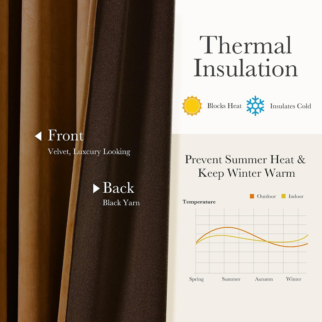 Blackout Pinch Pleat Velvet Curtains 90 Inch Heavy Back Tab Energy Saving Room Darkening All Season Gold Brown Drape