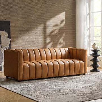 83" Genuine Leather Sofa with Channel Tufted Design, Camel