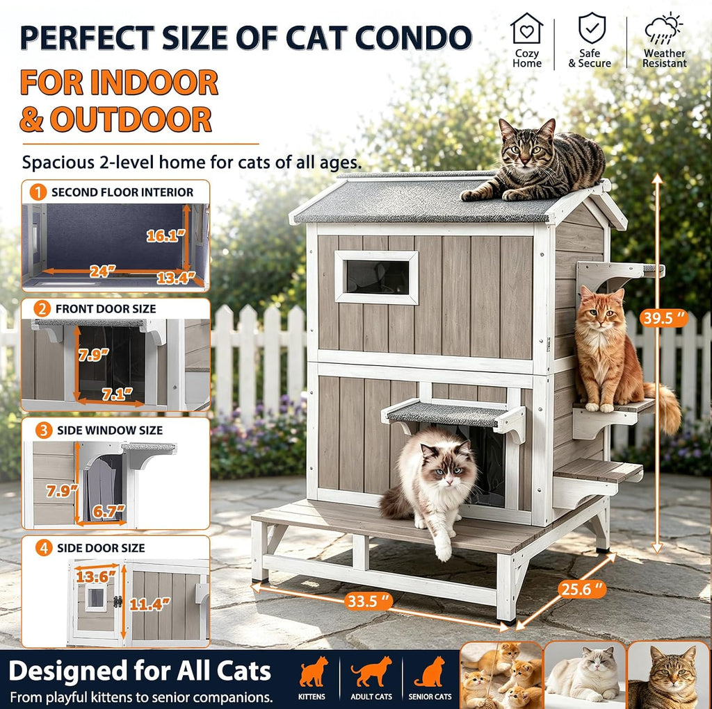 Outdoor Wooden Cat House for 2-3 Cats Weatherproof Cat Shelter with Waterproof Asphalt Roof, Multi Escape Doors