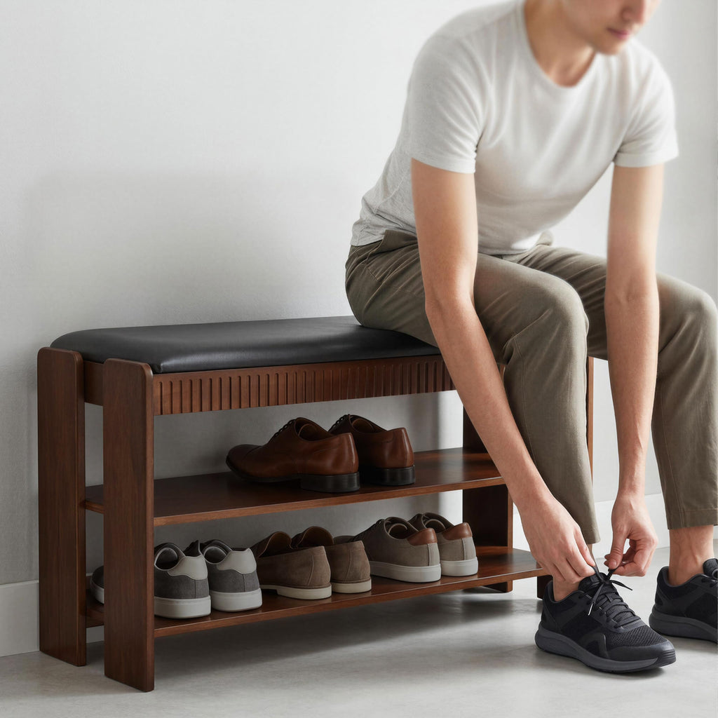 Shoe Bench with Cushion, Solid Wood 2 Tier Adjustable Storage Shoe Bench Rack, Closet, Living Room, Hallway