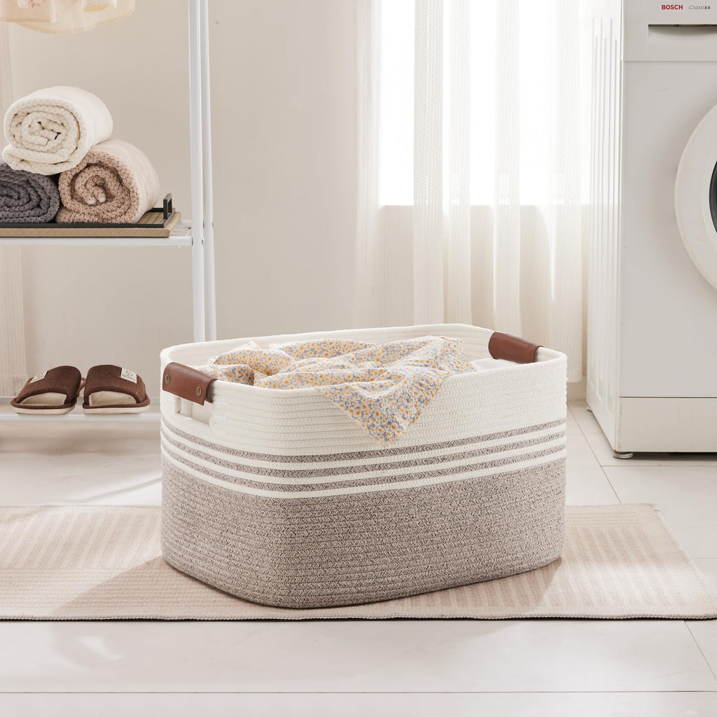 72L Large Woven Laundry Basket Hamper with Leather Handles,Brown