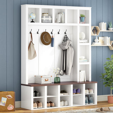 Versatile 59'' Wide Hall Tree with 6 Hooks and Multiple Storage Space, Farmhouse Practical Walnut Storage Bench with