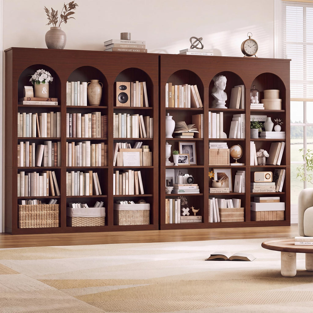 71" Triple Arched Bookcase, Tall Bookshelf with Shelves, Cherry