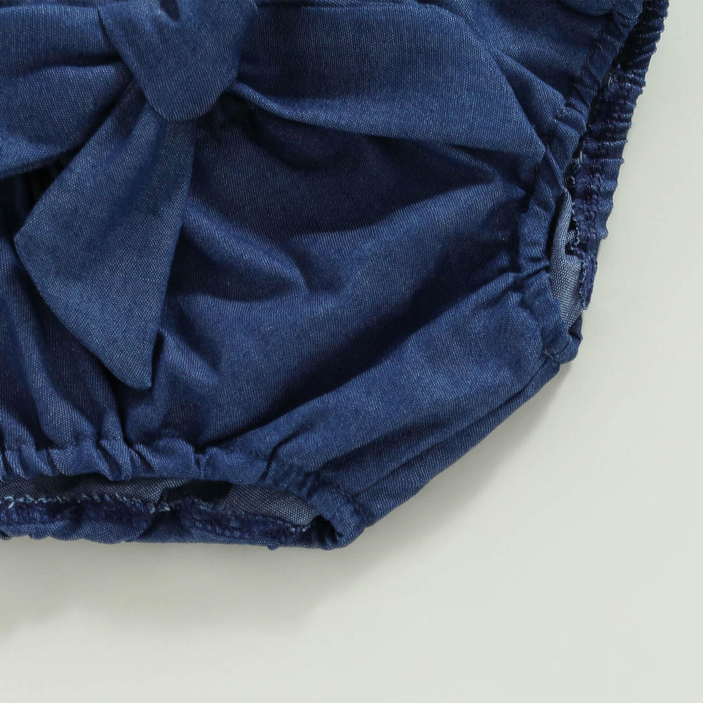 Toddler Baby Girl Summer Outfit Solid Color Tie-Up Halter Neck Knit Sweater Romper Denim Short Headband 3Pcs Clothes