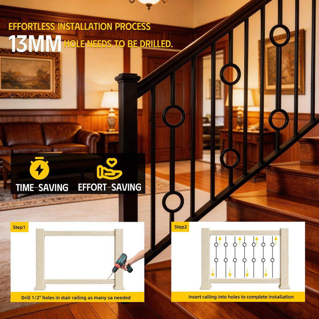 Wrought Iron Balusters (Set of 10), 1/2 inch Double Ring Hollow Straight Stair Spindles, Decorative Metal Balusters