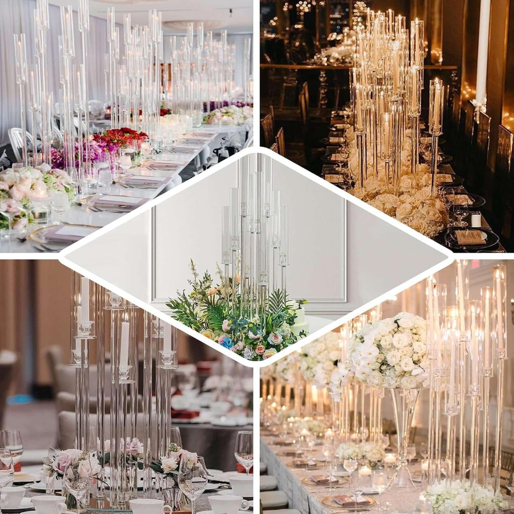 Efavormart 33" Tall - 7 Arms Clear Crystal Cluster Round Candelabra, Pillar Candle Holders with Mirror Base - Perfect