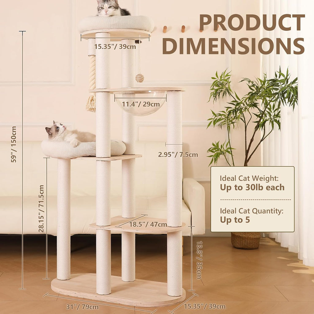 59" Modern Cat Tree Multi-Level Large Cat Tower Heavy Duty Wooden Cat Tree with Hammock, Cotton Scratching Post