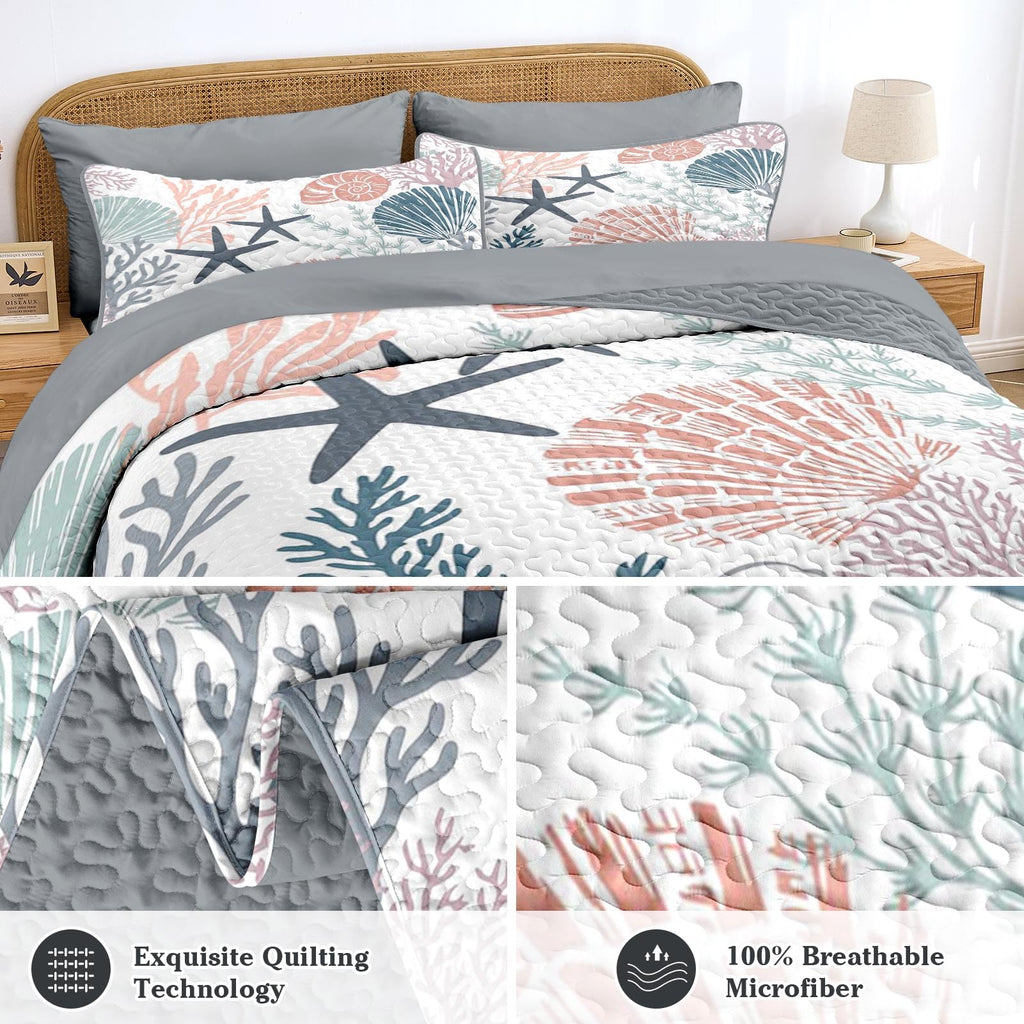 Quilt Set, 7 Pieces Coastal Seashell Bedding, Bedspread
