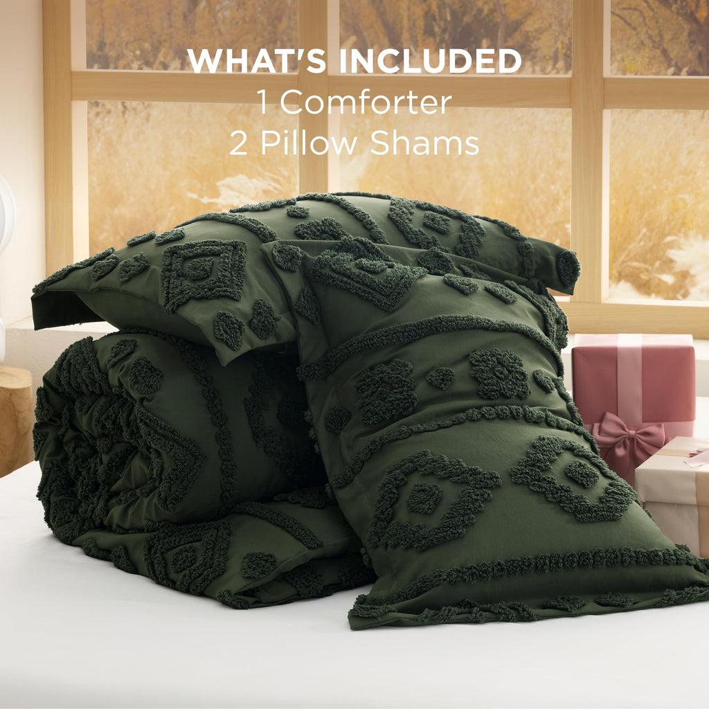 Boho Tufted Green Comforter King Size, GentleSoftTM 3 Pieces Boho Farmhouse-Style Decor Bedding, Exquisite Bedding