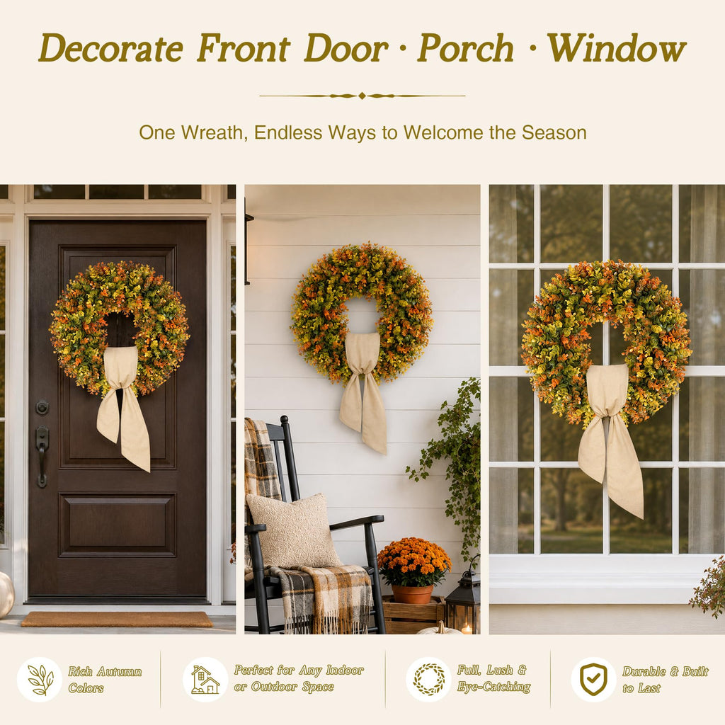 20 Inch Fall Wreaths for Front Door, Handmade Fall Boxwood Wreath with Cream Linen Sash, Waterproof and UV Resistant