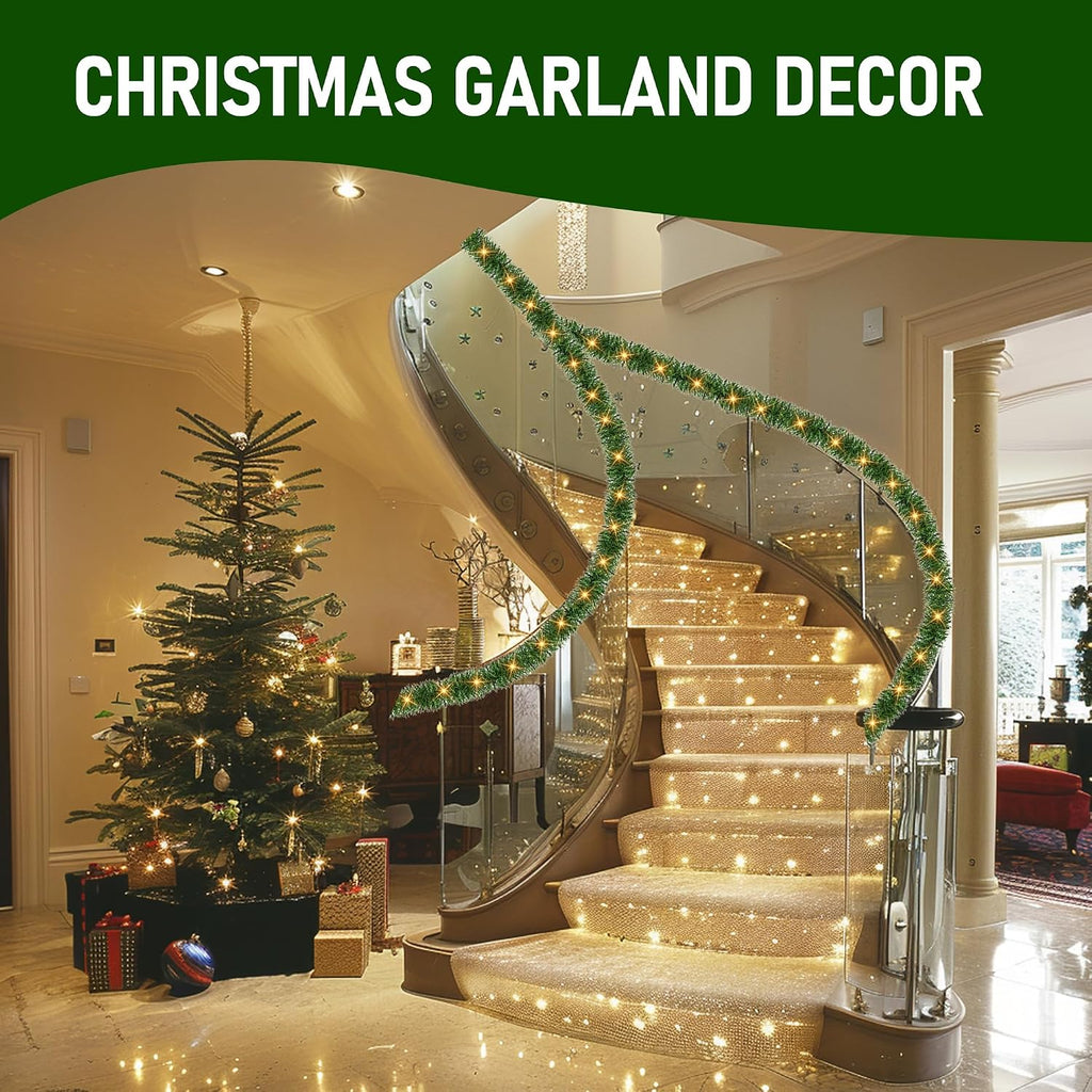 30 FT Pre-Lit Christmas Garland Decorations, 100 LED Lighted Artificial Pine Garlands with 8 Modes, Green Garland