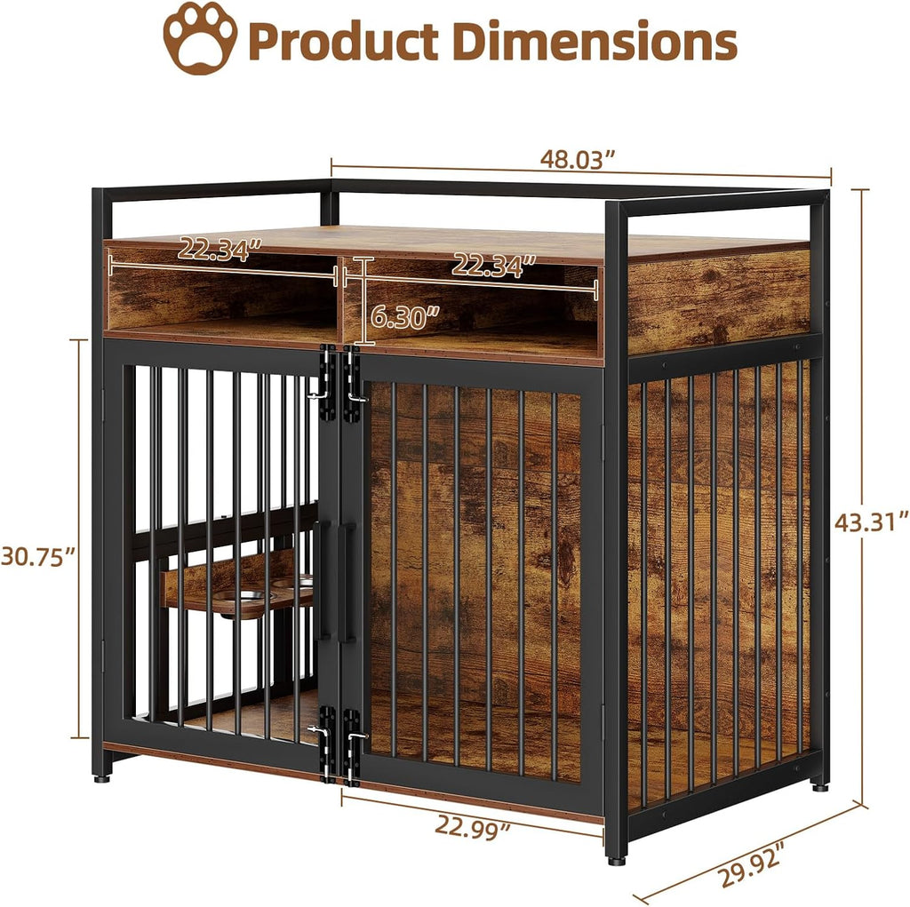 48 Inch Heavy Duty Dog Crate Furniture for Large and Medium Dogs - Metal & Wooden Kennel with 2 Storage Drawers, 360°
