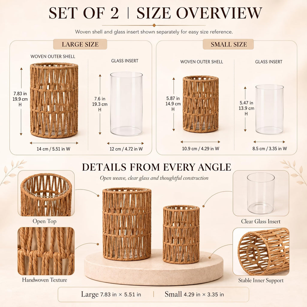 Rattan Candle Lantern Set of 2, Handwoven Boho Lanterns Decorative