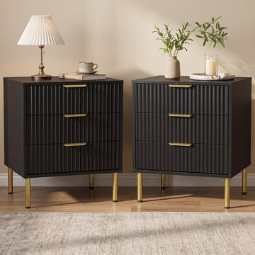 Black and Gold Nightstands Set of 2, Fluted Bedside Tables, 3 Drawers