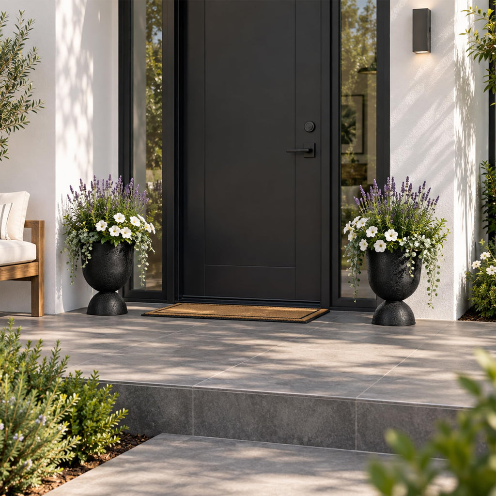 15 Inch Tall Planters, Black Plastic Urn Planters, 2 Pack