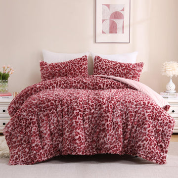 Cheetah Print Fluffy Faux Fur Comforter Set, 3 Pieces, Pink