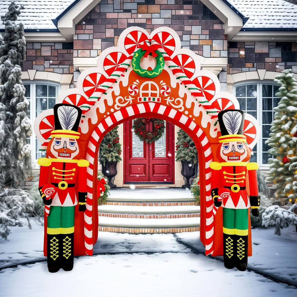 10 Ft Christmas Inflatable Gingerbread Candy House with Nutcrackers Outdoor Decorations, Giant Xmas Blow Up Yard