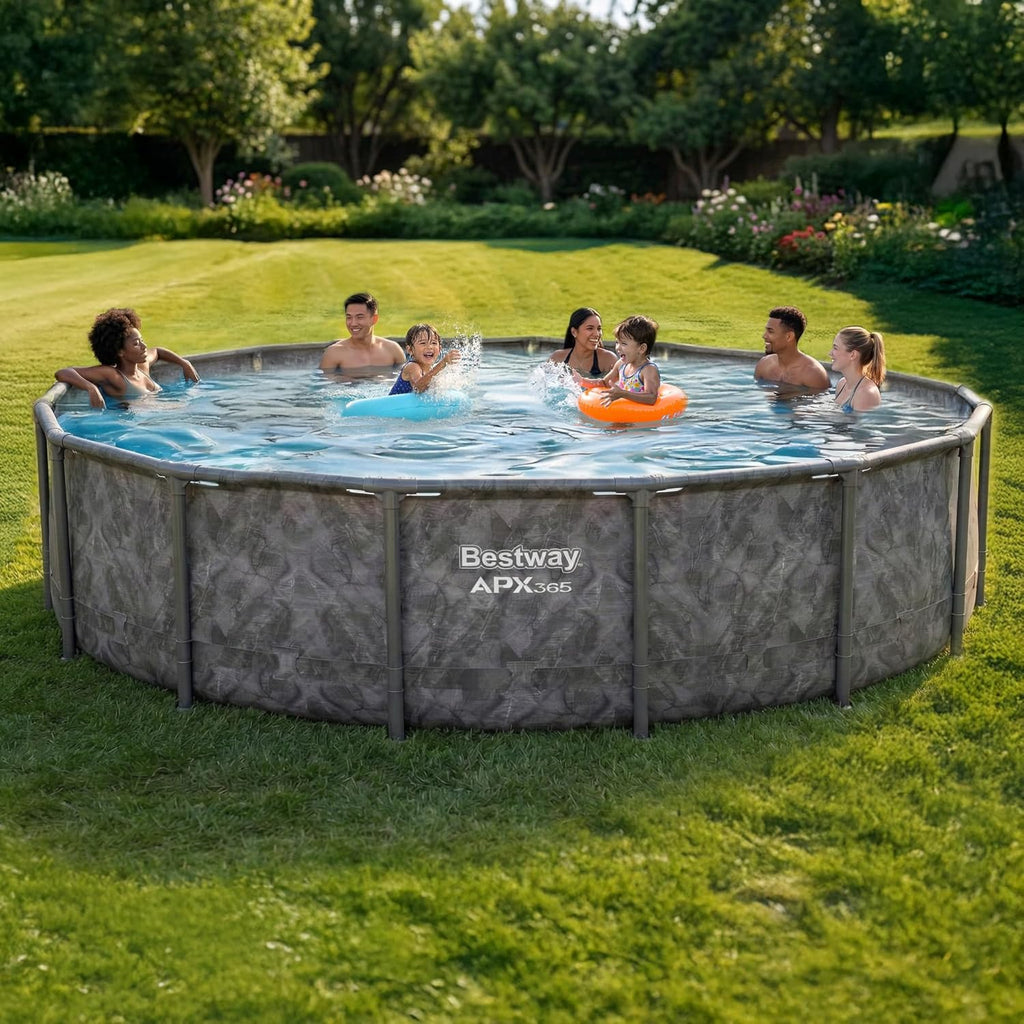 APX 365 16' x 48" Above Ground Pool, Round Metal Frame Outdoor Swimming Pool Set with Sand Filter Pump, Ladder, and