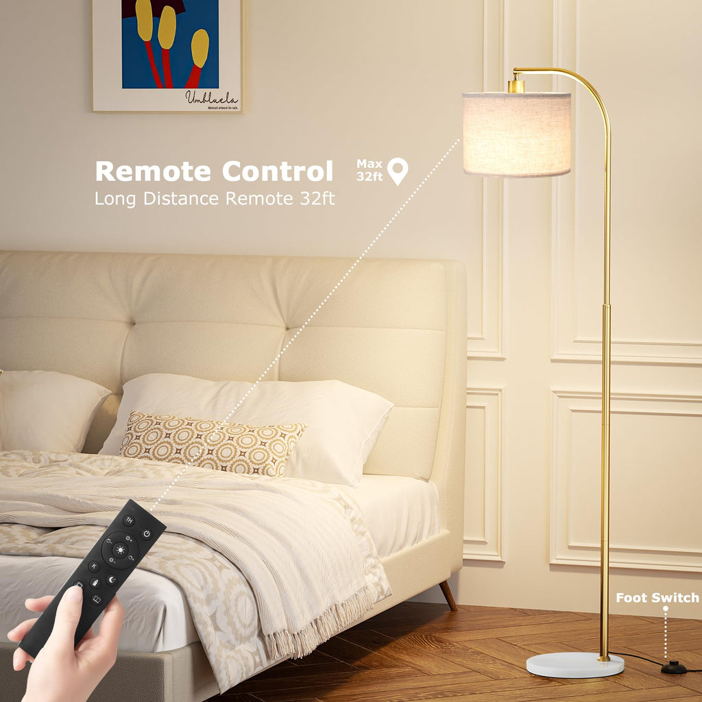Arc Floor Lamp with Remote and Stepless Dimmable Bulb, Colors Temperature & Brightness Adjustable, Gold Pole & Marble