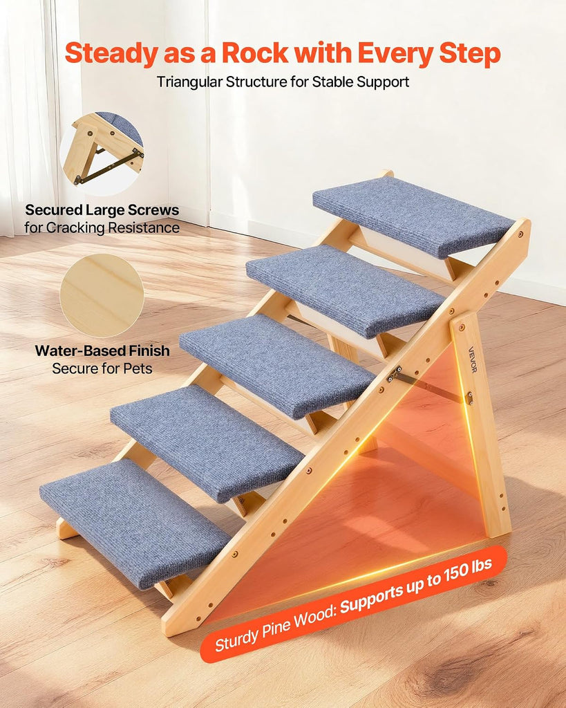 Wood Pet Stairs, 5-Step Dog Stairs for Beds, Sofa & Cars, 150lbs Load Capacity, Floded Flat Design, Stable & Sturdy