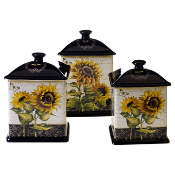 French Sunflowers 3-Piece Canister Set Brown Yellow Floral Ceramic