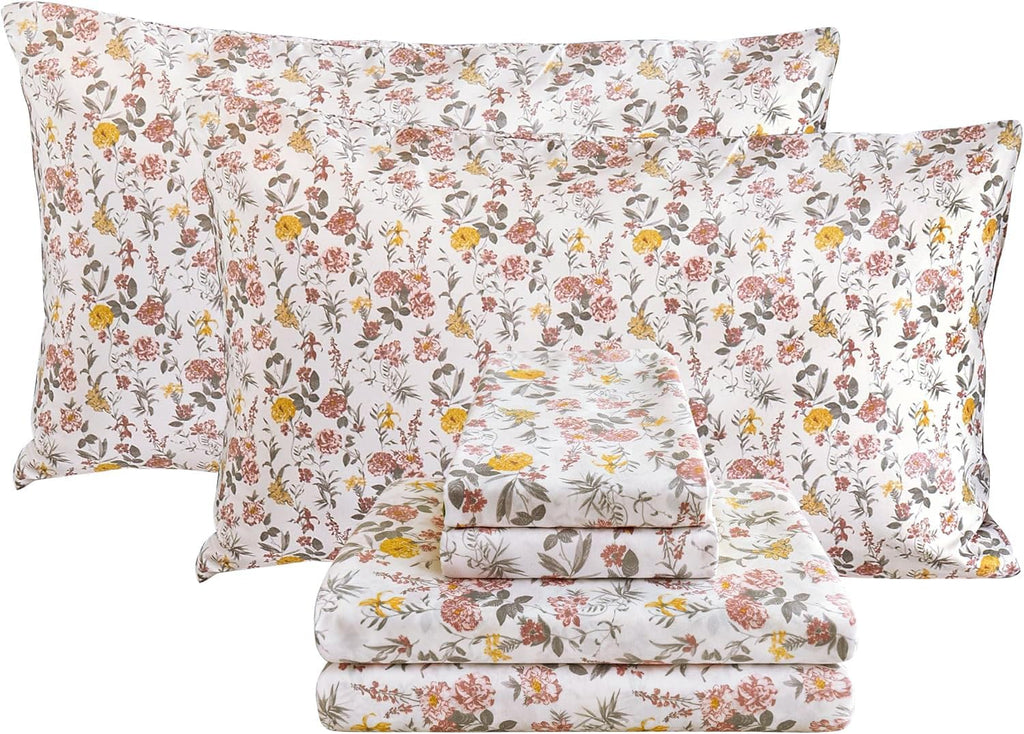 Floral King Sheet Set - 4 Piece Vintage Pink & Yellow Flower Patterned Bed Sheets - Soft, Breathable Microfiber