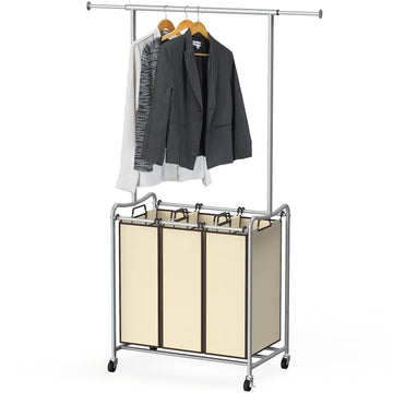 Heavy Duty 3 Bags Laundry Sorter Cart with Hanging Bar, Beige