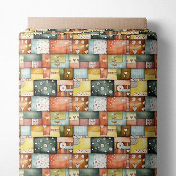 Patchwork Cotton Fabric Panel 61 x 36.6 Inches, Scandinavian Heart Pattern Quilt Style, Multicolor Rustic Design