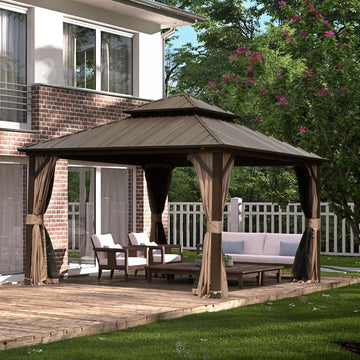 10' x 12' Hardtop Gazebo Permanent Metal Gazebo with Galvanized Steel Double Roof, Curtains and Netting for Party