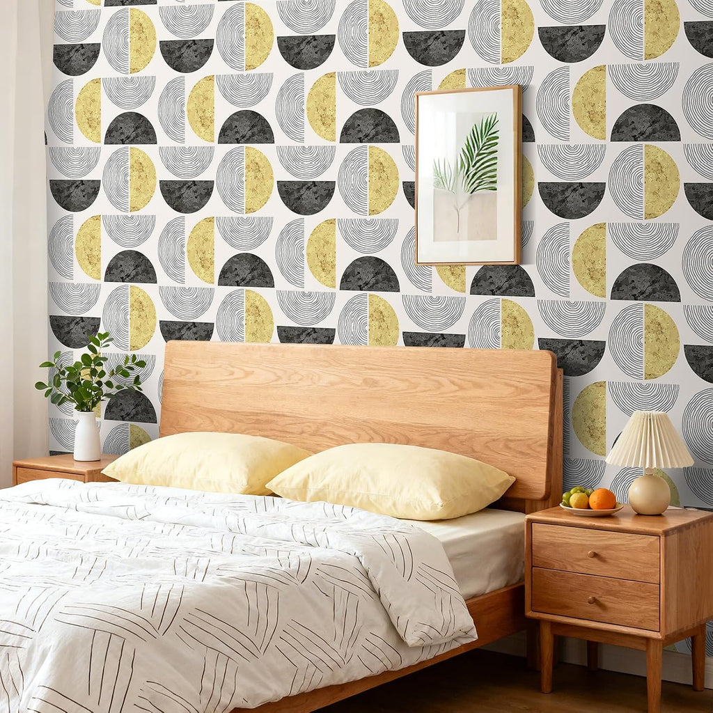 17.5"x275" Mid Century Modern Geometric Peel and Stick Wallpaper Gold Black Half Circle Wallpaper Bedroom Wall Paper
