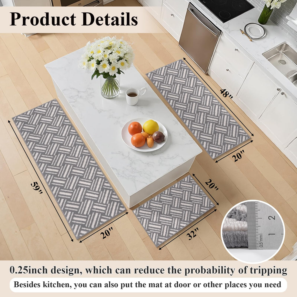 3-Piece Kitchen Rug Set Basketweave Geometric Floor Mats