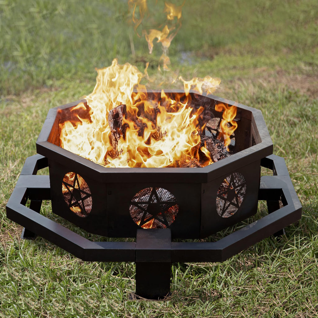 Outdoor 43 Inch Octagonal Fire Pit with Cooking Grill Black