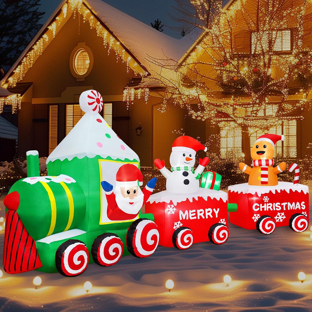 12FT Christmas Inflatable Santa Claus on Train Outdoor Decorations, Lighted Inflatable Christmas Train with Snowman