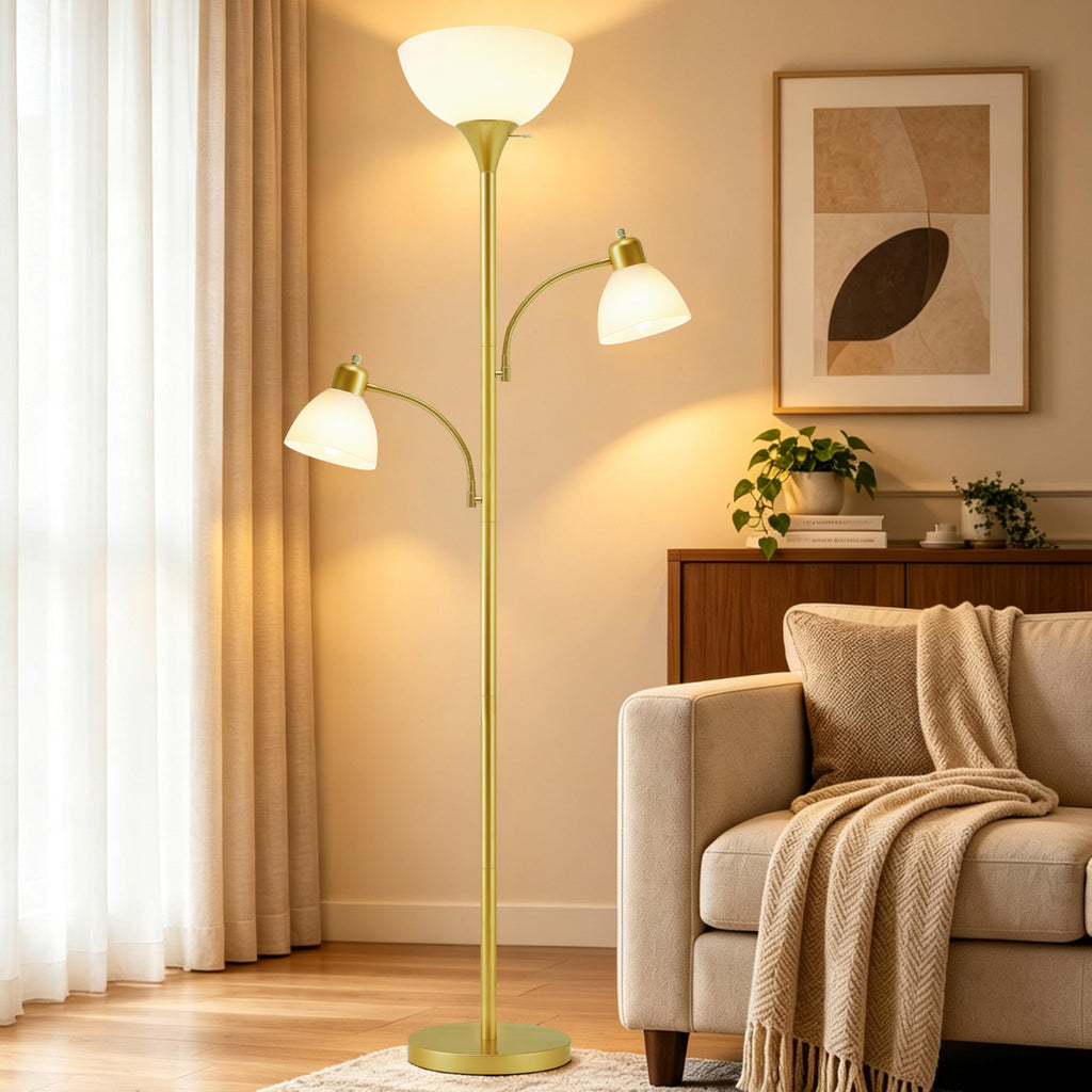3-Head Torchiere Floor Lamps with 2 Reading Lamp -Gold