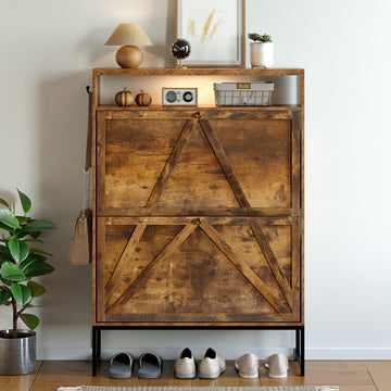 Shoe Storage Cabinet with 2 Flip Drawers, Modern Hidden Shoe Storage Organizer, Narrow Wooden Freestanding Shoe Rack