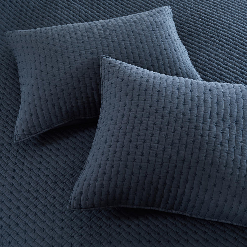 Cross Stitch Reversible Quilt Set (106x92in) and 2 Pillow Shams (36x20in) - Stitch Texture - Navy