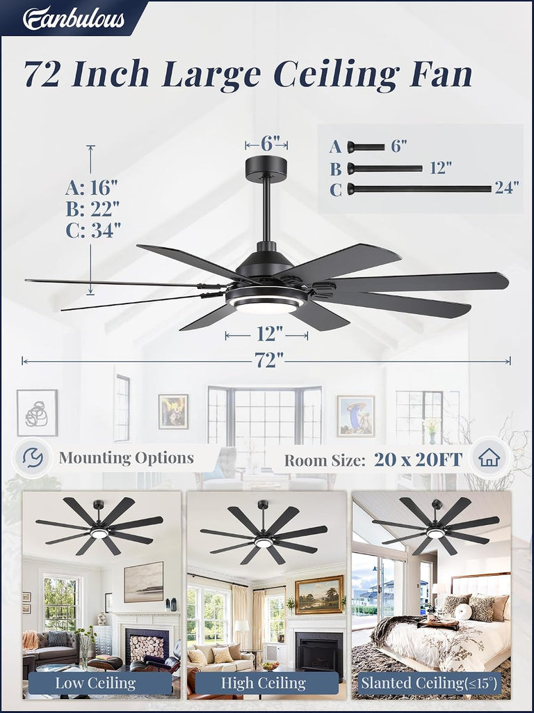 72 Inch Ceiling Fans with Lights and Remote, Black Ceiling Fan with 8 Dual-Color Blades