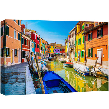 Canvas Print Wall Colorful Burano Canal Scene Vibrant Venice Architecture and Boats Photography Realism Bohemian