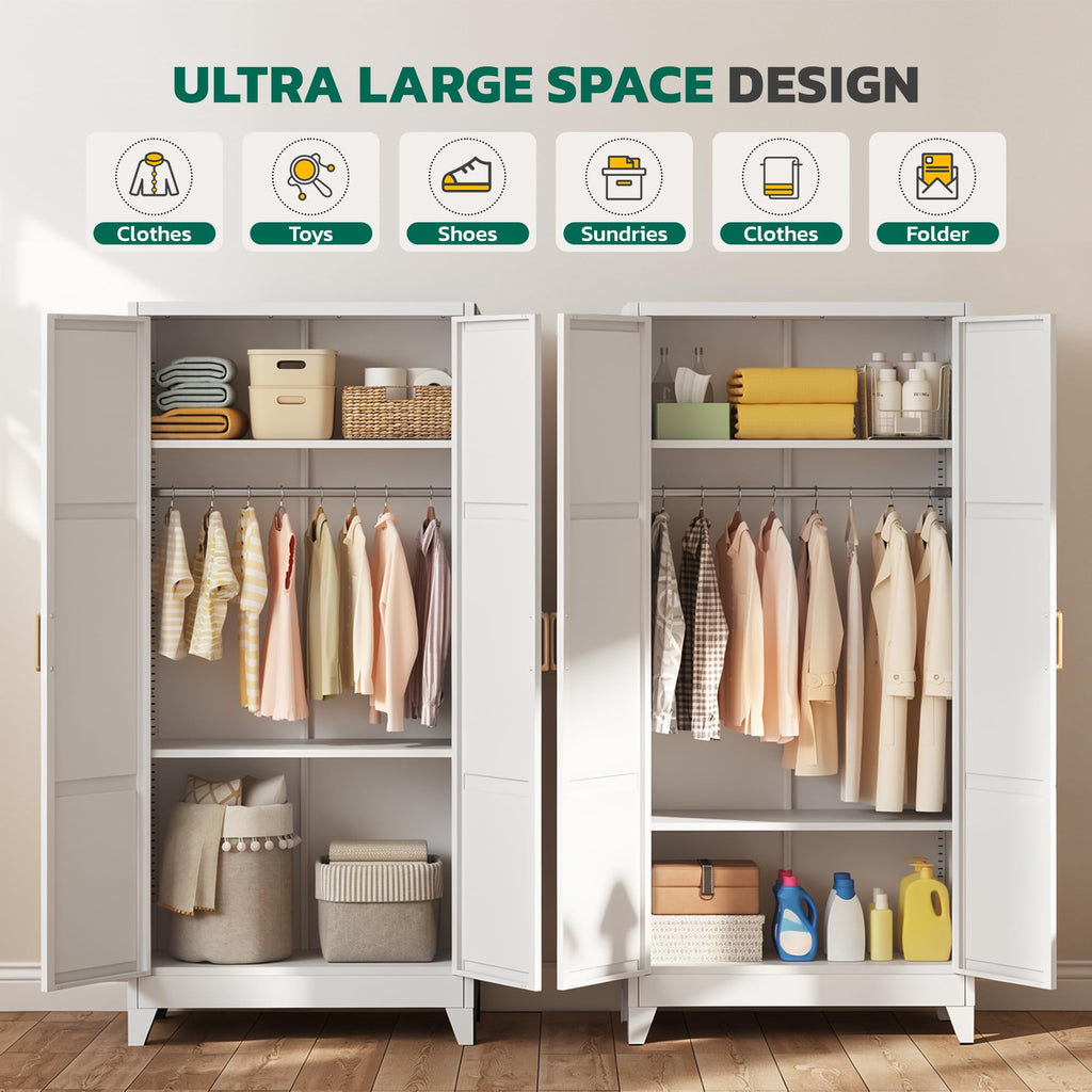 Metal Wardrobe Cabinet, 19" D x 34" W x 71" H Metal Wardrobe Closet with Hanging Rods and Adjustable Shelves, Clothing