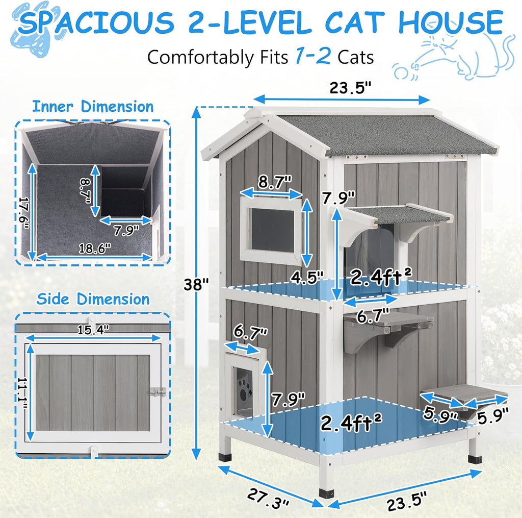 Insulated 2-Story Outdoor Cat House Weatherproof Shelter, Grey