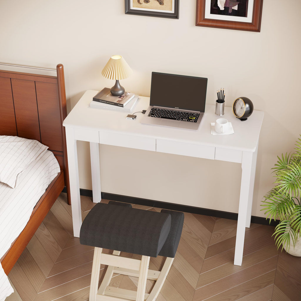 Solid Wooden Desk with Drawers - 39 x 16 Inch Modern Narrow Desks, Rubberwood Simple Work Study Table, Small Writing
