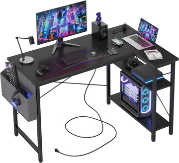 L Shaped Computer Desk with Power Outlets, 47 Inch Small Corner Desk with Reversible Shelves, Gaming Desk Computer