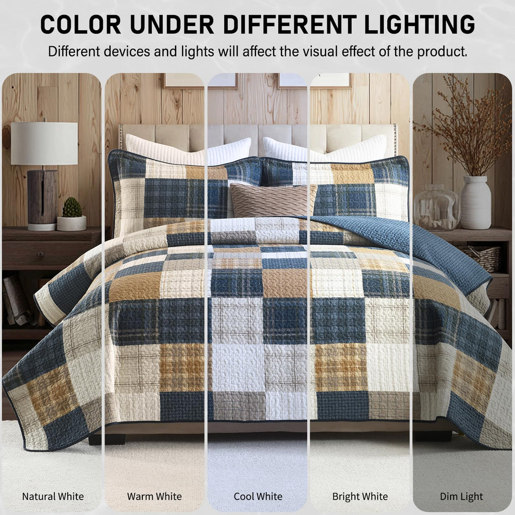 100% Cotton Quilt Set, Rustic Farmhouse Plaid, Blue/Khaki