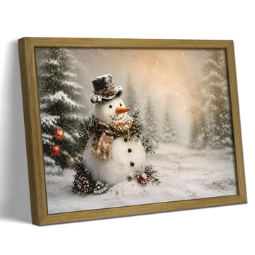 Vintage Christmas Wall Art 16x24 inch, Wood Framed Cute Snowman Canvas Wall Decor Painting, Rustic Winter Scene